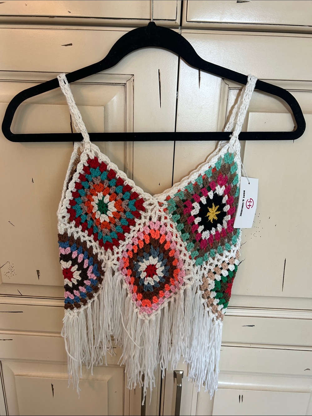 Hope & Sunshine Crochet Boho Granny Square Fringe Crop Top - NWT